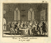 32323 Afbeelding van een vergadering van de onderhandelaars van de Unie van Utrecht staande rond een ronde tafel.